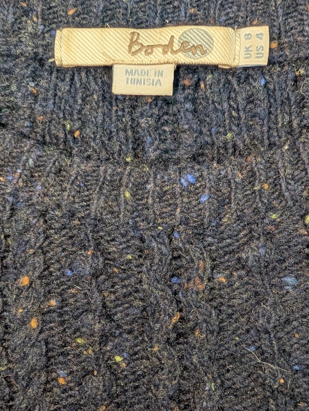 Boden Wool Blend Cable Knit Donegal Tweed Sweater Navy Blue US 4 - Picture 6 of 6